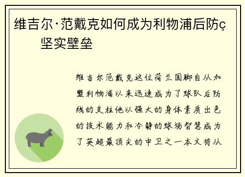 维吉尔·范戴克如何成为利物浦后防的坚实壁垒 维吉尔·范戴克如何成为利物浦后防的坚实壁垒
