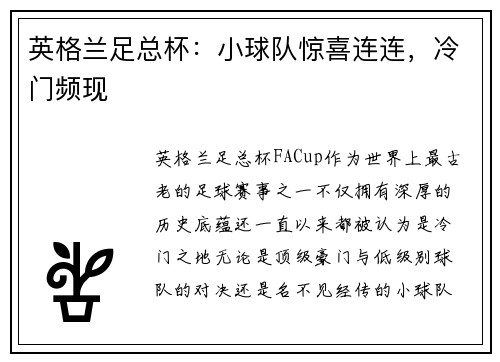 英格兰足总杯:小球队惊喜连连,冷门频现 英格兰足总杯:小球队惊喜连连,冷门频现