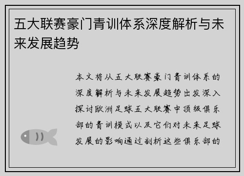 五大联赛豪门青训体系深度解析与未来发展趋势